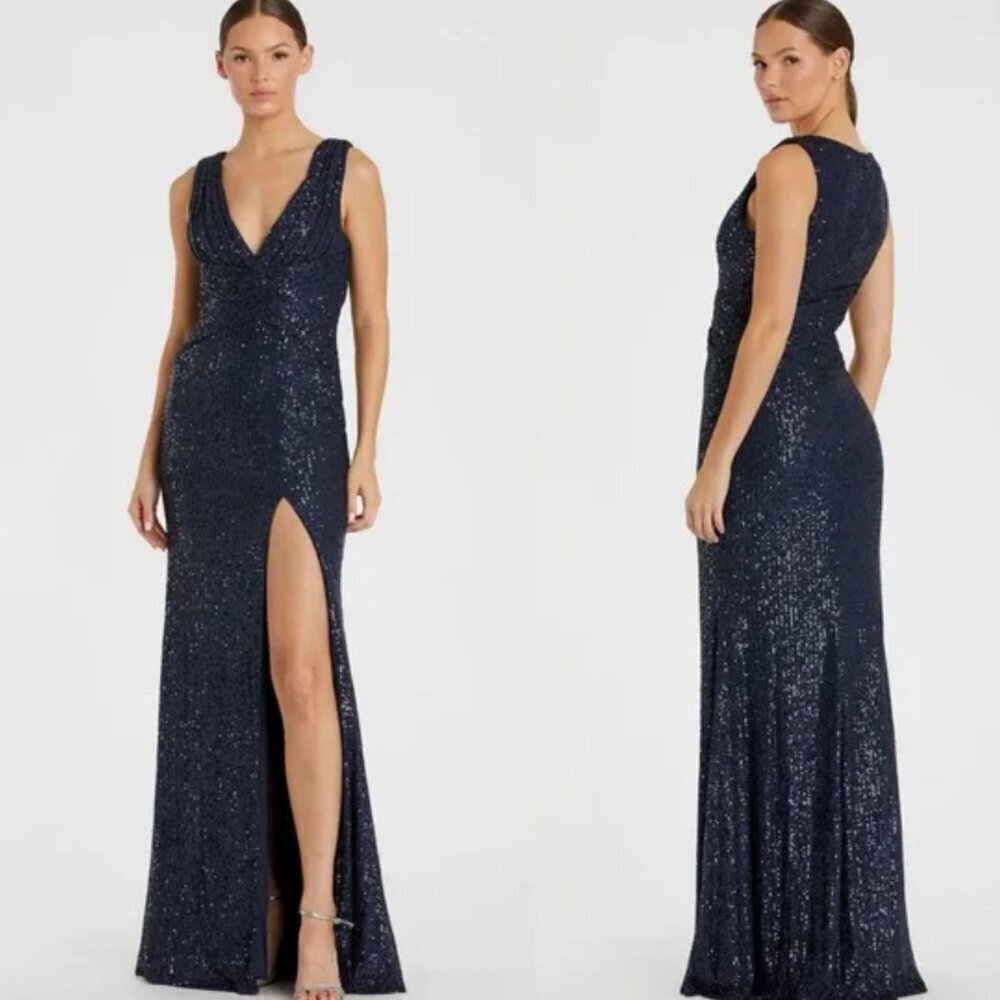 NWT Mac Duggal Ieena Sleek Midnight Blue Slit Sequin Floor Length Gown Size 14